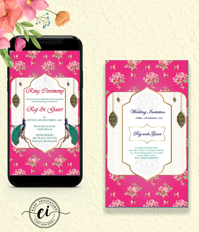 Flower and Peacock Indian Wedding E Invitation
