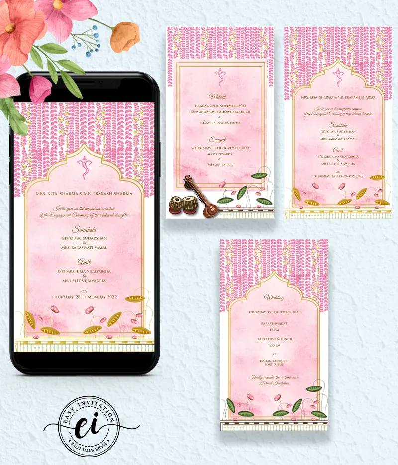 Ganesha Floral Pink Indian Wedding E Invitation
