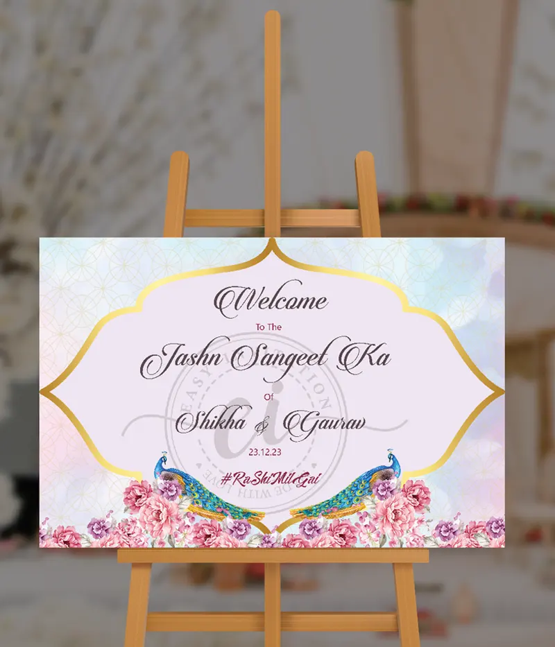Peacock Designed Sangeet Indian Welcome Signage Board