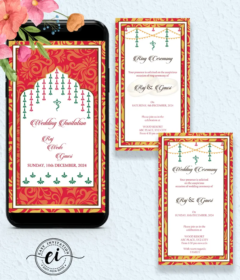 Floral Frame Red and Gold Indian Wedding E Invitation