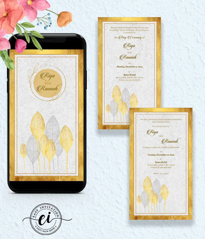 Golden Leaf Classic Indian Wedding E Invitation Card