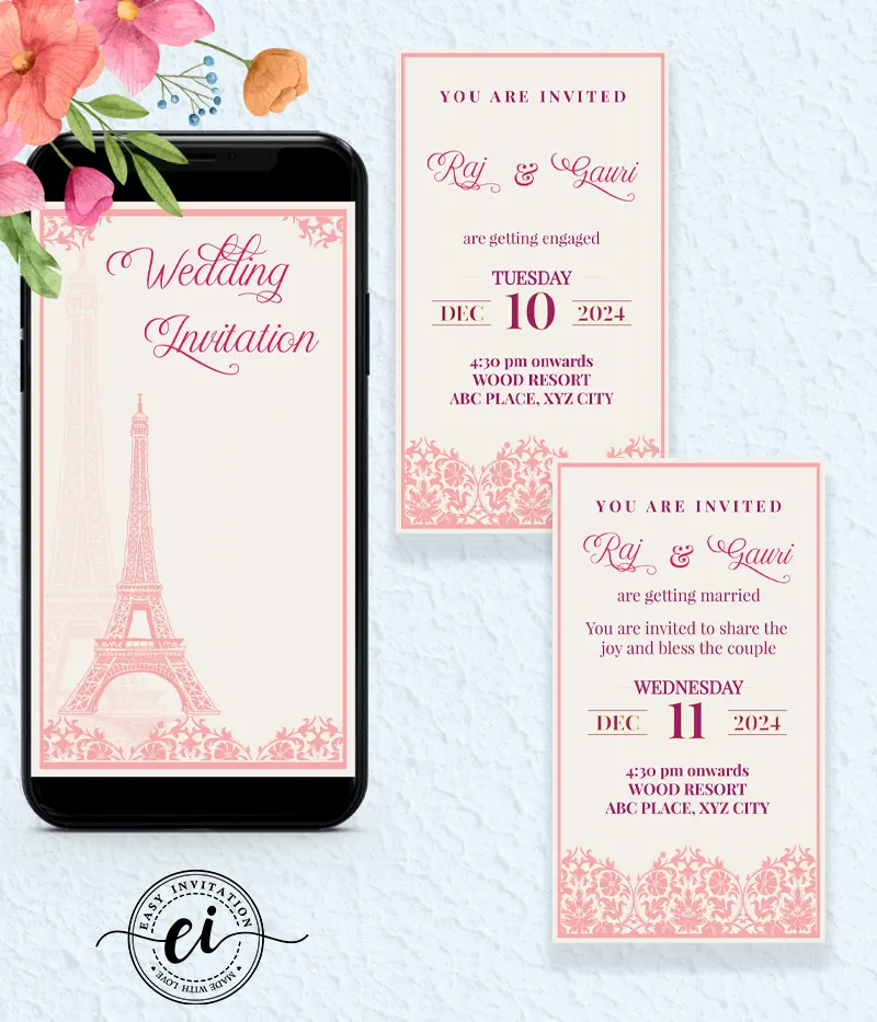 La Tour Eiffel Tower Indian Wedding E Invitation Card