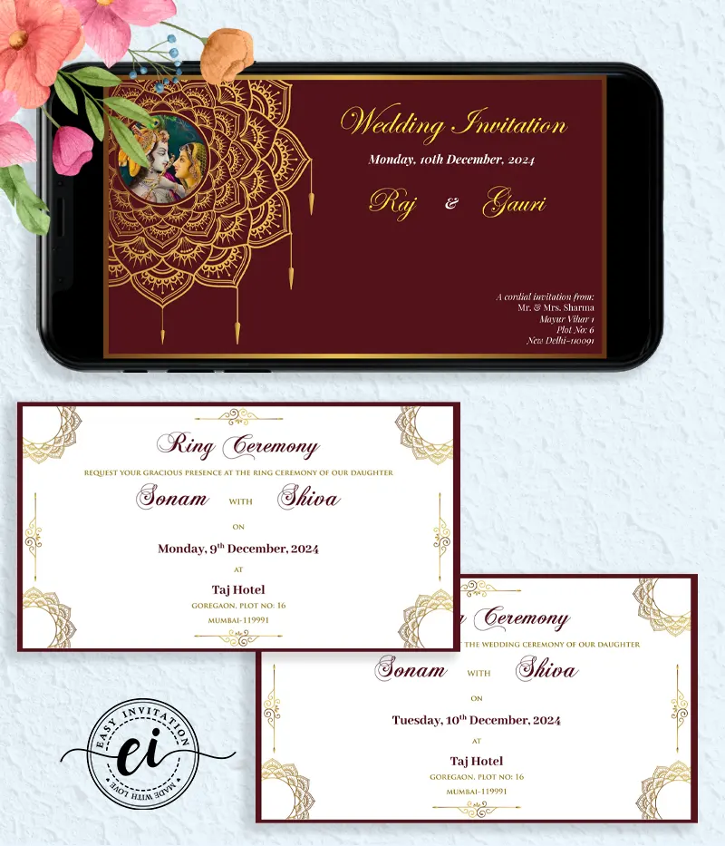 Elegant Radha Krishna Golden Red Indian Wedding E Invitation