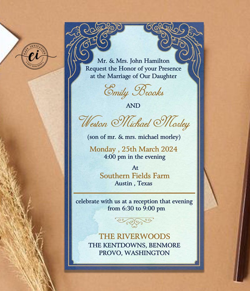 Pearl White and Blue Indian Wedding E Invitation Card