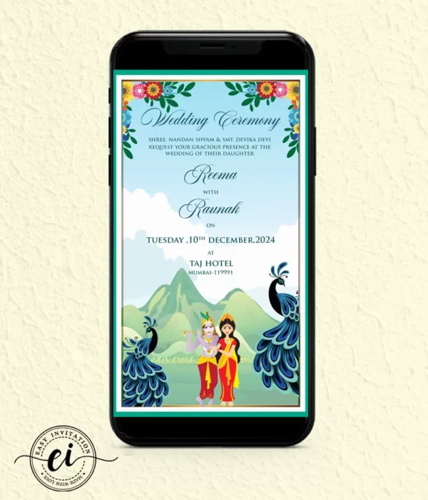 Radha Krishna Peacock Indian Wedding Invitation Card