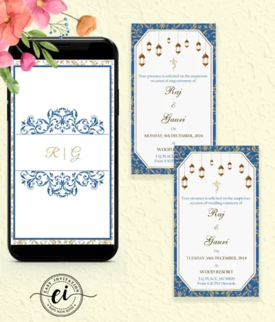 Blue and Gold Foil Indian Wedding E Invitation