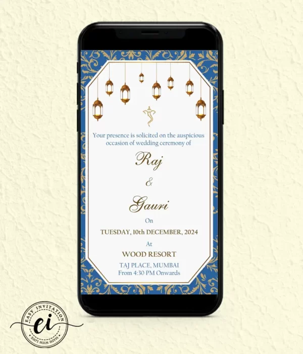 Blue and Gold Foil Indian Wedding E Invitation