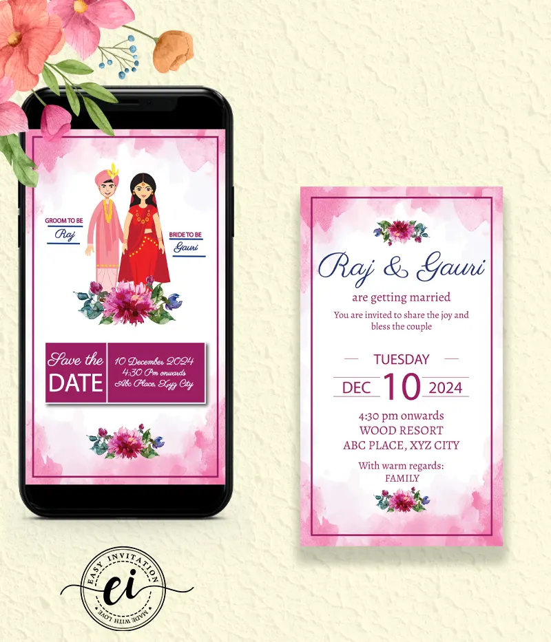 Indian Bride Groom Illustrative Indian Wedding E Invitation Card_EI