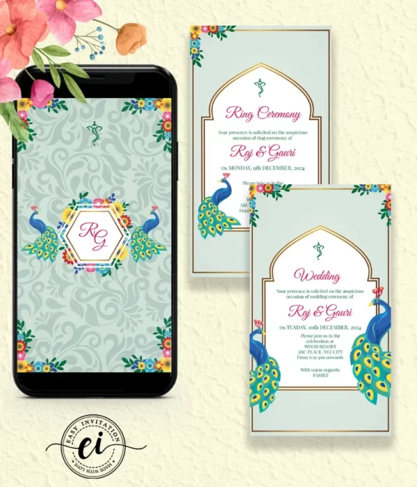 Peacocks in Love - Floral Indian Wedding E Invitation