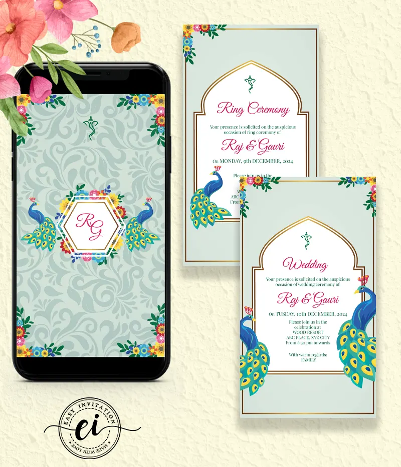 Peacocks in Love - Floral Indian Wedding E Invitation Card
