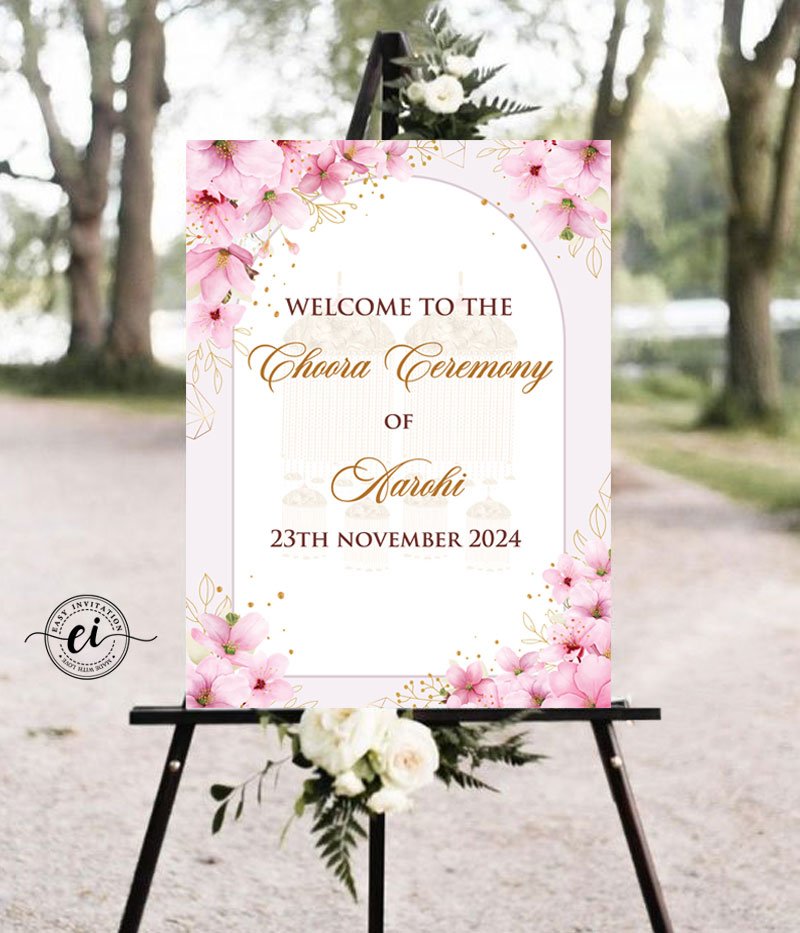 Pink Floral Chura Ceremony Indian Wedding Signage Board
