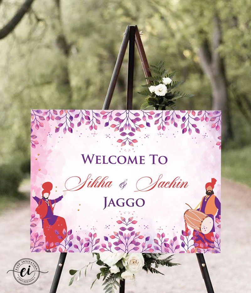 Pink Purple Dancing Jaggo Ceremony Indian Welcome Signage Board