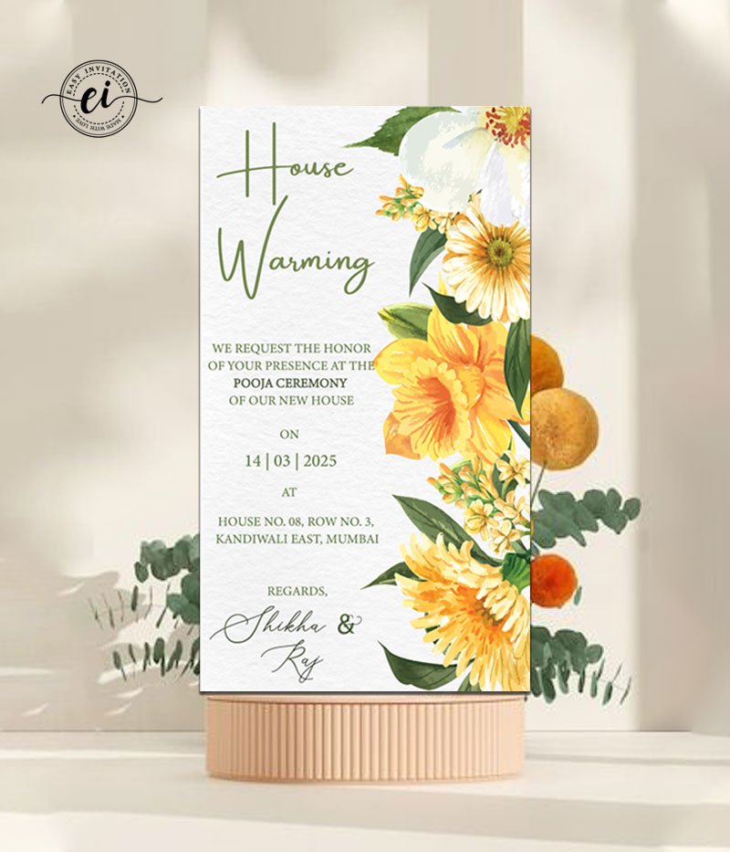 Yellow Floral House Warming E Invitation Card